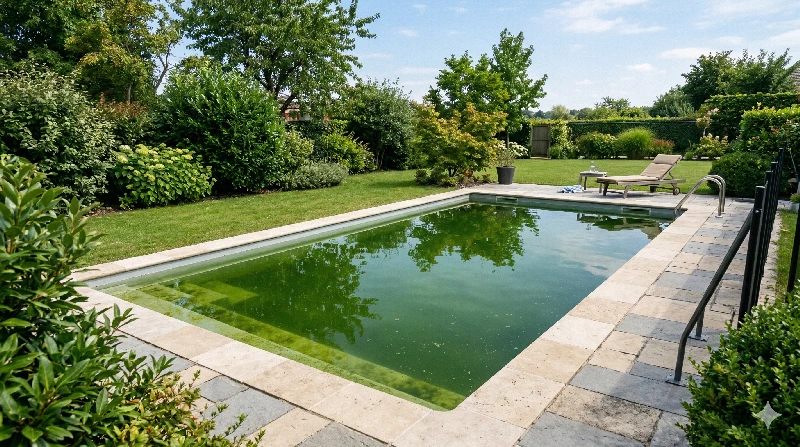 Piscine résidentielle avec eau verte montrant un cas typique d’algues avant traitement