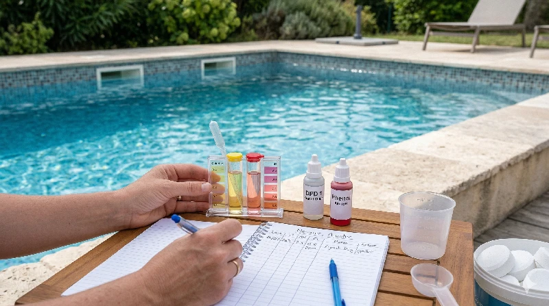 Kontrollierte Chlor-Dosierung im Pool mit Messkit und Parameterkontrolle