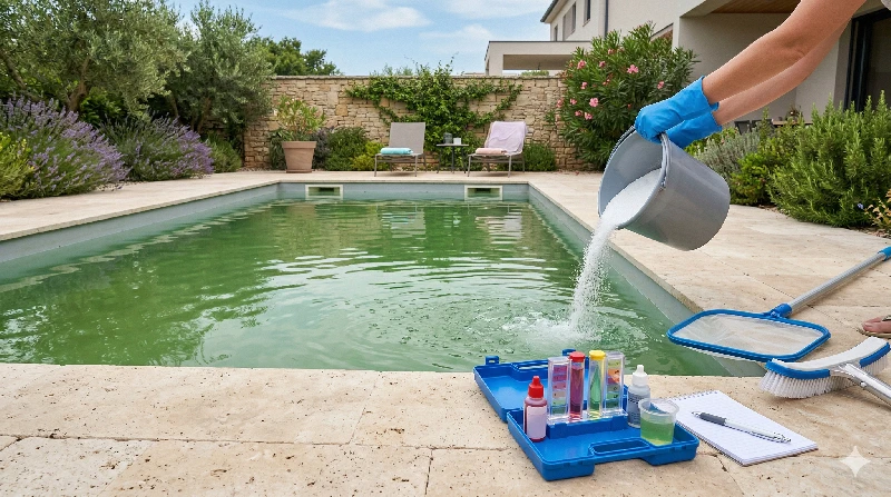 Intervention de chlore choc sur piscine résidentielle avec contrôle de l’eau avant correction
