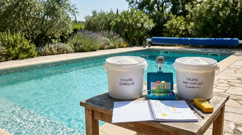 Comparaison visuelle entre chlore stabilisé et non stabilisé pour le choix d’entretien piscine