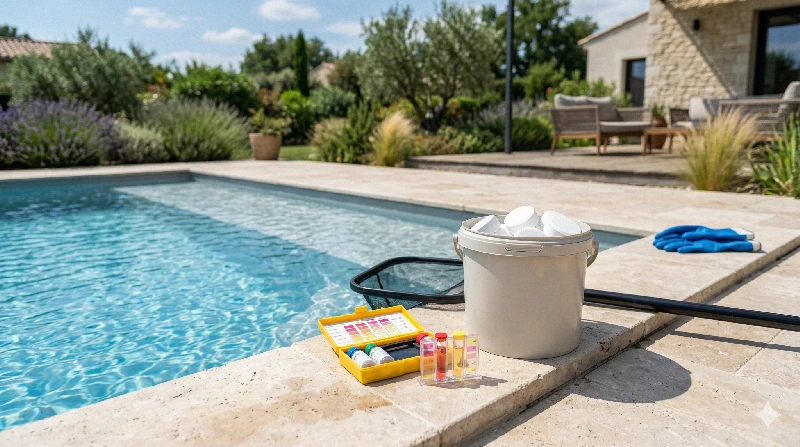 Utilisation de galets de chlore en piscine avec contrôle régulier des paramètres