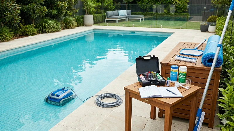 Komplette Poolbehandlung als Wochenroutine mit Wasserkontrolle und regelmaessiger Pflege