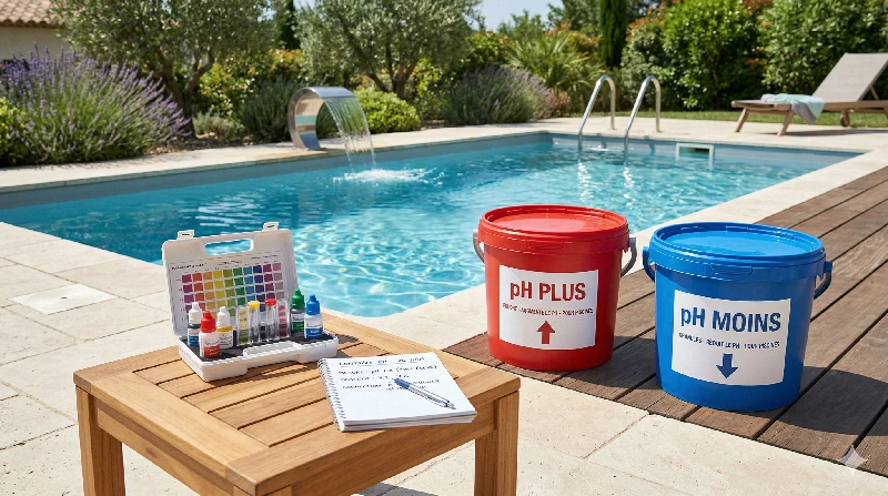 Comparaison visuelle de deux correcteurs pH pour piscine avec kit de mesure au bord du bassin