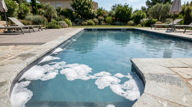 Privater Pool mit Schaumbildung an der Wasseroberflaeche als Diagnosebild