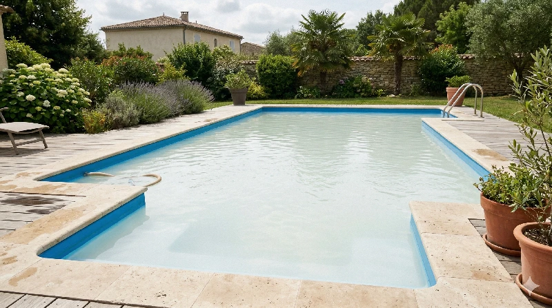 Privater Pool mit truebem milchigem Wasser zur visuellen Diagnose vor der Behandlung